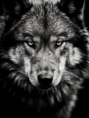 a close up of a wolfs face with a black background