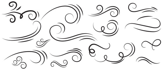 Doodle wind line sketch set. Hand drawn doodle wind motion, air blow, swirl elements. Sketch drawn air blow motion, smoke flow art, abstract line. Vector illustration. Isolated on white background .