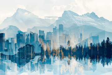 Double exposure of a mountain landscape blending into the dynamic skyline of a city, capturing the...