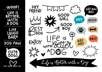 Woof text in a speech bubble balloon silhouette set. Cute cartoon comics dog bark sound effect and lettering. Vector illustration