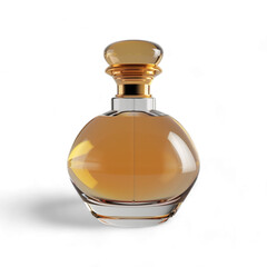 A bottle of perfume with a gold top and a clear base, isolated on transparent background, PNG.