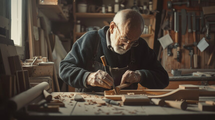 Seasoned craftsman focused on woodworking in his workshop.