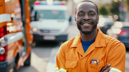 Cheerful paramedic in orange uniform with ambulance background.