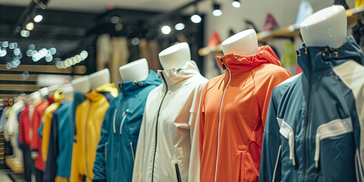 Mannequins in tracksuits are displayed in a retail store..