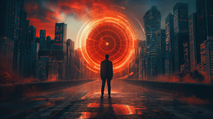 arafed image of a man standing in a city with a glowing circle