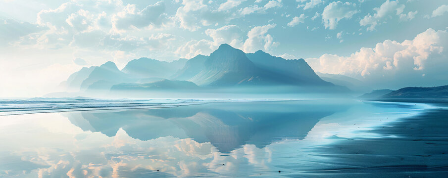 A serene beach scene overlaid with the silhouette of a mountain range in a double exposure, capturing the majesty of natural landscapes. - Powered by Adobe