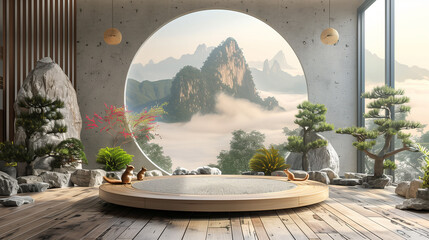 there is a round table in a room with a view of mountains