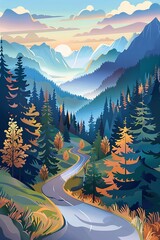 Scenic road winding through mountains and forests, sunlit summer landscape, vector paper cut style, outdoor adventure, warm colors