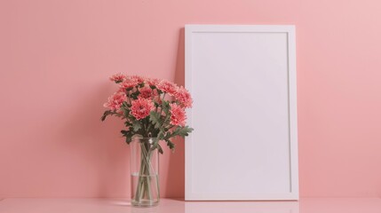 An ivory picture frame holds chrysanthemums in a transparent vase, creating a minimalist feminine aesthetic