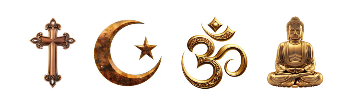 Collection of religious symbols isolated on transparent background. Spiritual and religious diversity concept. Clipart in realistic style with gold palette. 