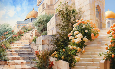 painting of a stairway leading to a dome with flowers and greenery