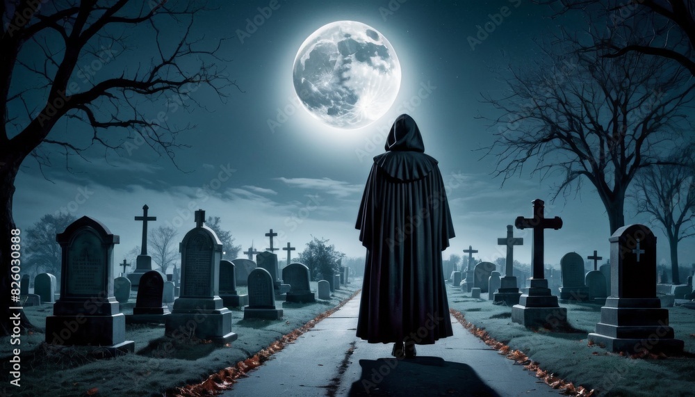 Poster a cloaked figure stands at the end of a path lined with autumn leaves in a spooky cemetery under a f