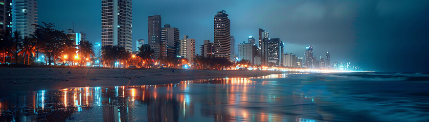 A serene beach scene combined with a bustling night city in a double exposure, showcasing the...