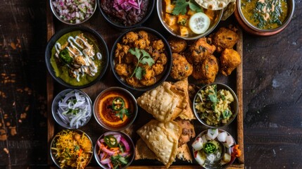A mouthwatering platter of Indian street food, featuring spicy chaat, crispy pakoras, and savory samosas, offering a burst of flavors and textures.