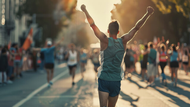 Triumphant runner raises fists in victory, cheered on by marathon spectators.