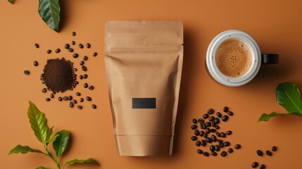 Coffee bag and paper cup, flat lay design, product packaging