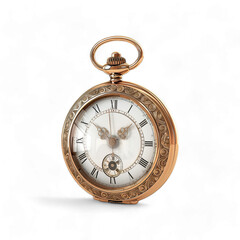 A silver pocket watch with roman numerals on the face, isolated on transparent background, PNG.