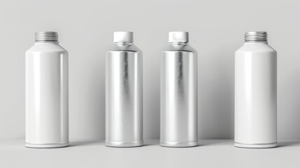 Design of aerosol spray cans with white labels and product packaging