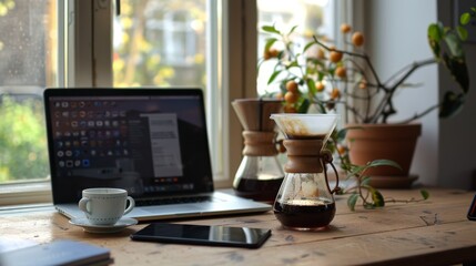 In the coffee lover's workspace, a pour over coffee maker sits next to a laptop