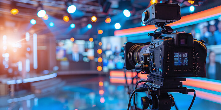 Recording an interview on camera in a television studio with a blurred background, demonstrating media technologies. Creation of a conceptual television studio