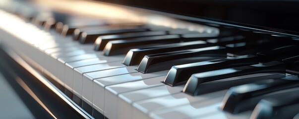A close-up of a piano keyboard with the keys in focus. The keys are made of black and white...