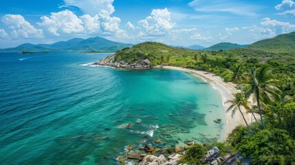 Fototapeta premium A palm-fringed coastline with turquoise waters and white sandy beaches stretching as far as the eye can see, offering a tranquil escape from the hustle and bustle.