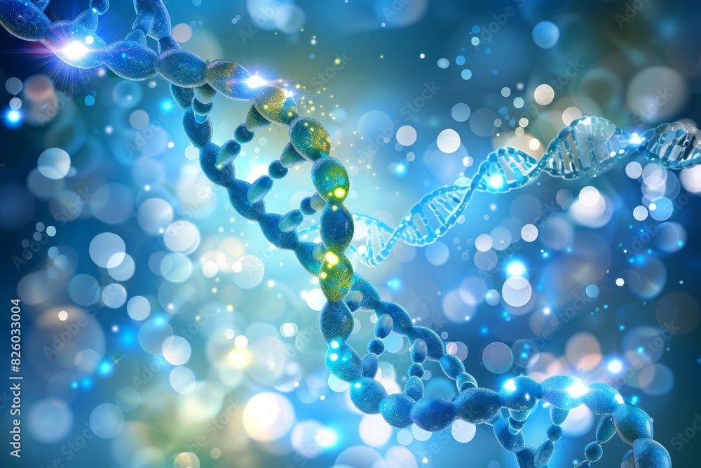 Poster luminous dna strand twisting in a star filled backdrop, a digital representation of genetic complexi