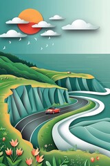 Car driving on a scenic coastal highway with cliffs, ocean, and sunny skies, vector paper cut illustration, summer road trip