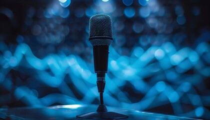 Sleek, modern microphone on a glass podium with dynamic sound waves in a hightech studio