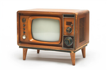 there is a small television set with a wooden stand and a white screen