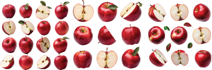 Red apple, collection, set, apples, side view, top view, sliced halves, cut, isolated on transparent background, cut, PNG file