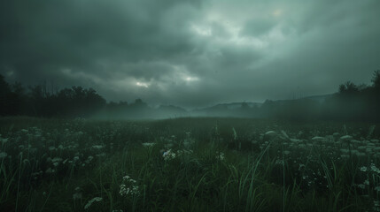 there is a field of grass and flowers in the middle of a foggy field - Powered by Adobe