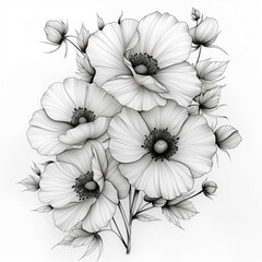 there is a drawing of a bunch of flowers on a white background