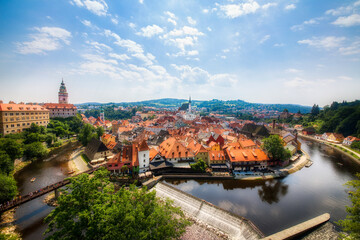 Panoramic View of Beautiful Cesky Krumlov in the Czech Republic, with the Vltava River and the...