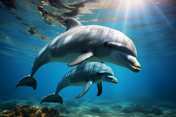 dolphins swimming in the ocean with sunlight shining through the water