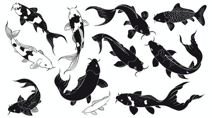 Koi fish silhouettes. Black and white swimming koi