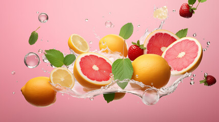 there are many fruits that are falling into the water