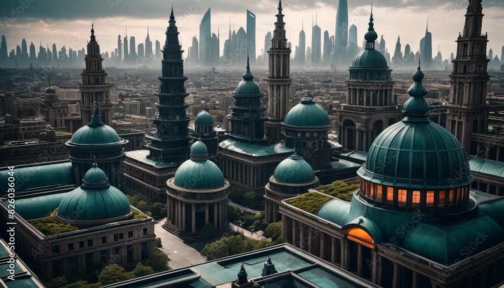Poster a stunning visual of a futuristic metropolis dominated by grand domes against a backdrop of towering