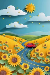 Road trip passing through fields of sunflowers under a bright summer sky, vector paper cut, cheerful and vibrant scene