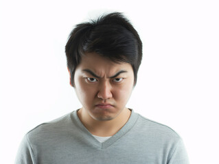 Young Man in Gray Shirt with Angry Facial Expression on White Background