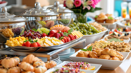 Elegant Buffet Table with Fruits, Pastries, and Various Hot Dishes in a Spacious Room