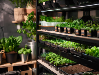 there are many pots of plants on the shelves in the room