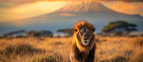 Portrait of African Lion standing in savanna  