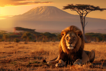 Single lion looking in camera sitting proudly on grassland in savanna 