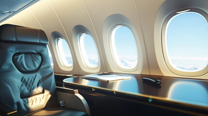 Luxury airplane cabin interior with sunlight through windows