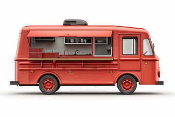 there is a red food truck with a sink and a counter