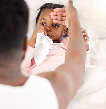 Black family, sick kid and hand check temperature in home bedroom with allergy, covid and virus above. Parent, child and care in bed with medical health problem for bacteria, disease or flu in house