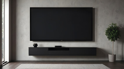 Fototapeta premium Blank modern flat screen TV hanging on wall in living room, Generative AI