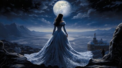A woman in a blue dress standing in front of a full moon