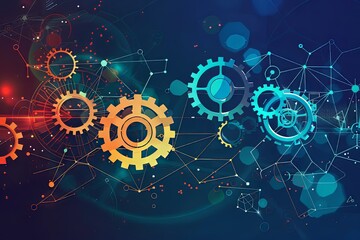 Interconnected blue and orange gears create an abstract mechanical theme on a vibrant background